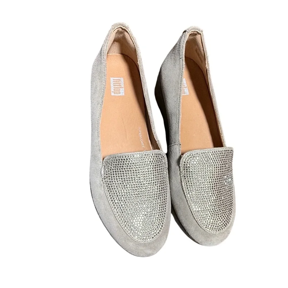 FitFlop Womens Crystal Sneaker loafer Timberwolf Suede Rhinestone Loafers Size 8
